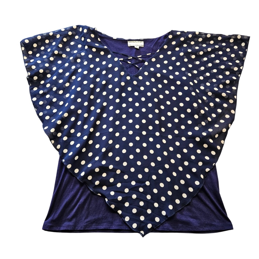 Corvia Navy Blue Polka Dot Chiffon Overlay Moc Lace Up Top‎ Womens M